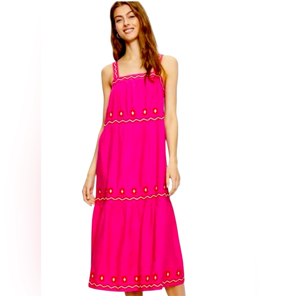 LOFT Embroidered Tiered Square Neck Midi Dress - Pink Flare - Size Medium